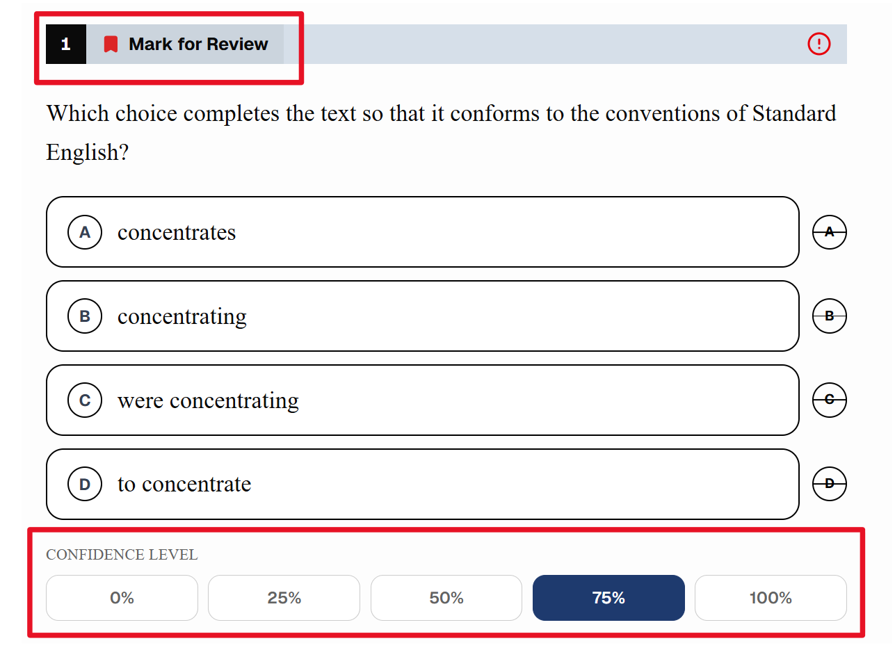 문제 화면 상단 북마크(Mark for Review), 하단 Confidence Level